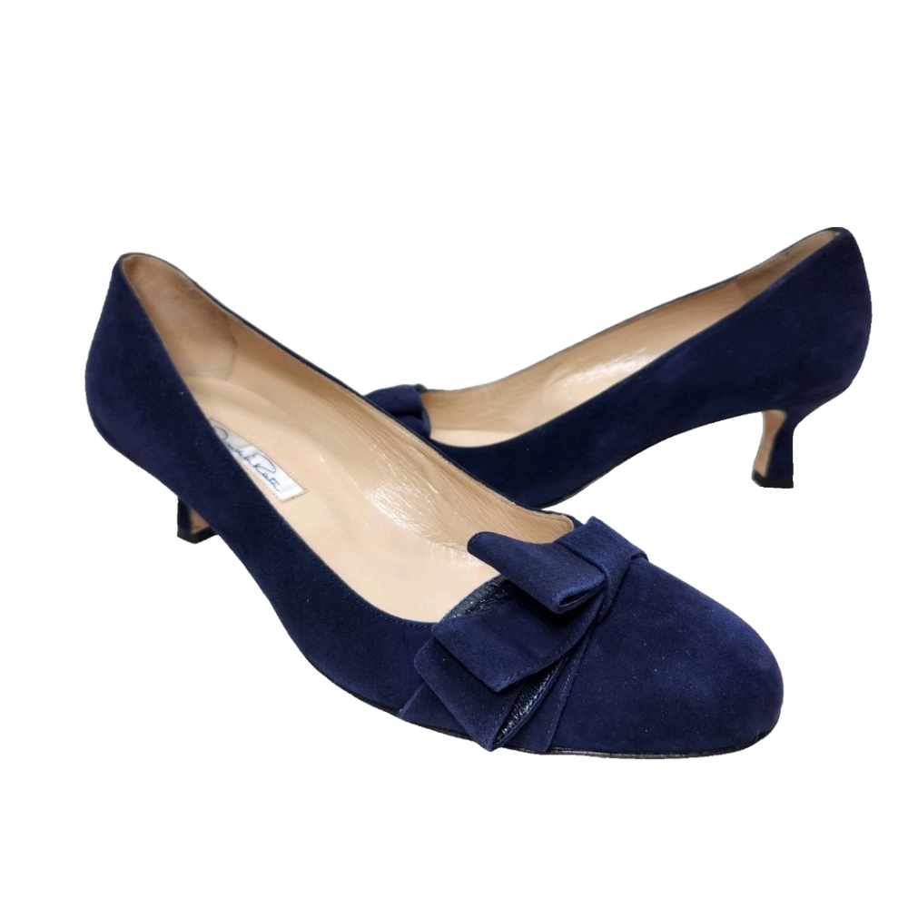 Oscar De La Renta Blue Suede Heels NEW Sz 40/10 US Bows Navy Leather Pump Italy